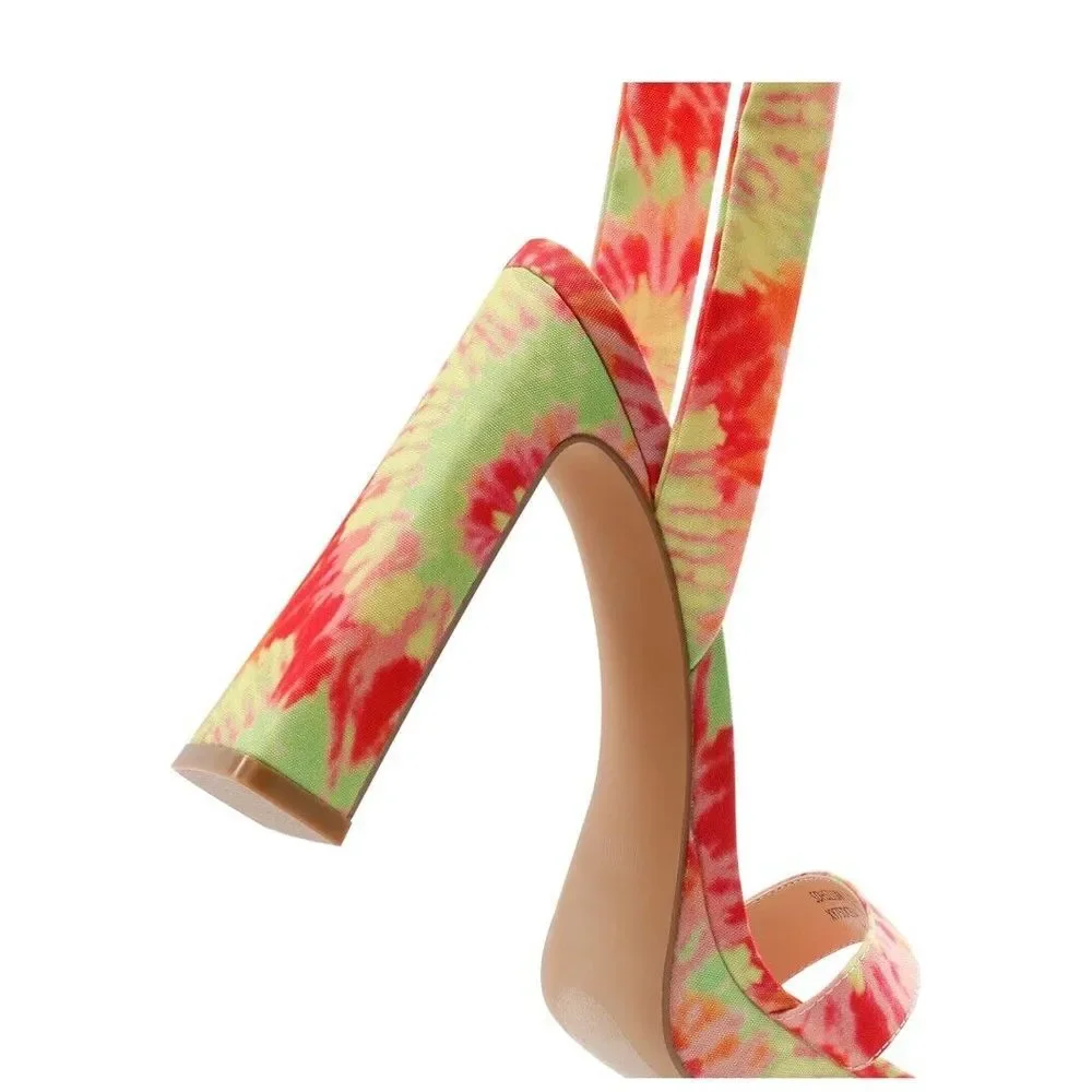 DREAM‎ PAIRS Women Heel Pump Sandals Leg Wrap Up Yellow Green Pink Tie-dye 8.5